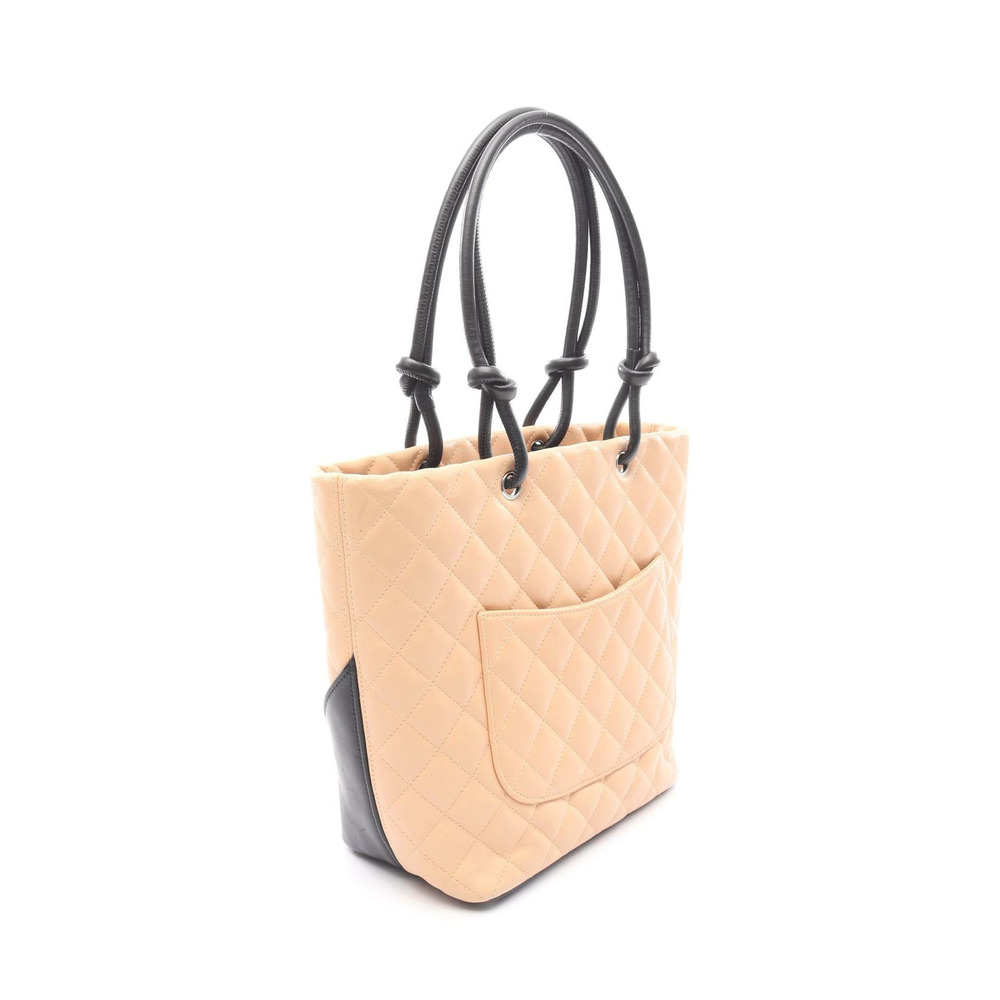 Chanel Leather Bag Beige Black Tote Cambon Tan Black